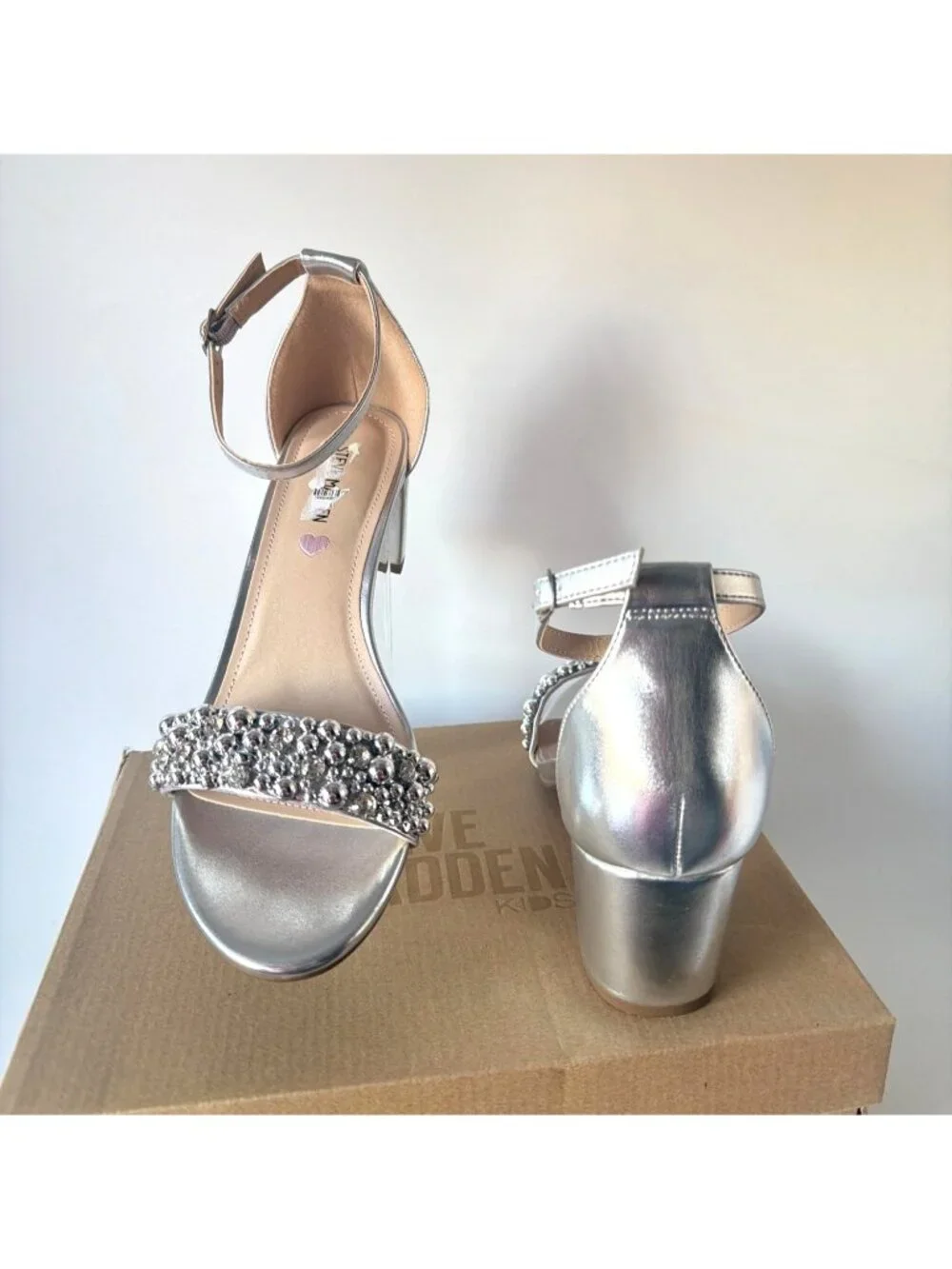 Steve Madden JCarrson Silver Beads Sandals Girls Low Block Heel Big Kid Size 7